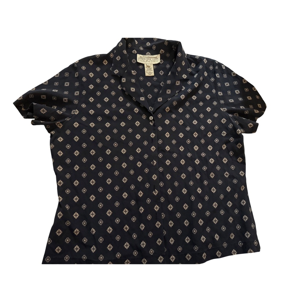 Jones New York Country Vintage Silk Blend Navy Geometric Button Down Shirt 14